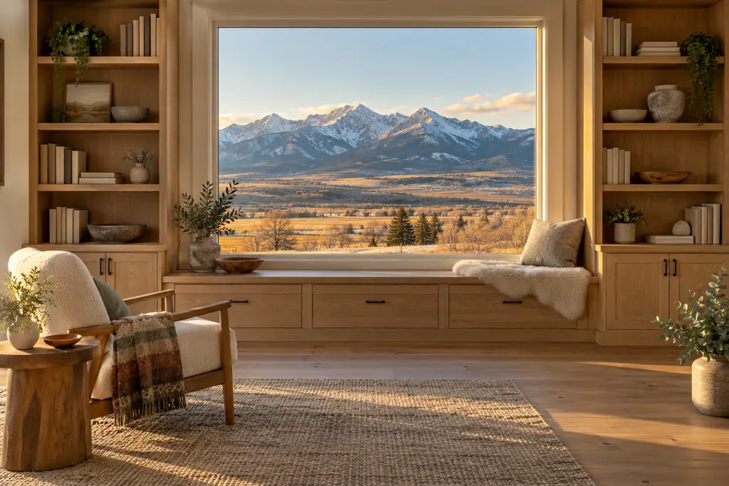 A remodeled living room with white oak built-in shelves around a window that looks out at snowy mountains