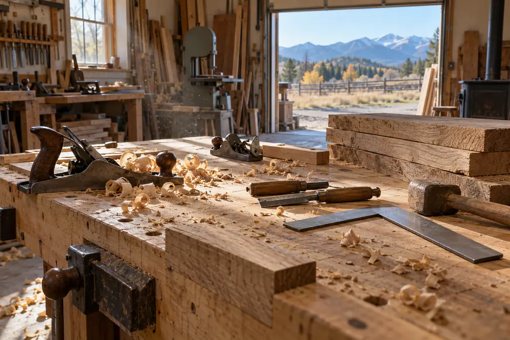 A carpentry workbench with hand planes, chisels and wood shavings in morning light